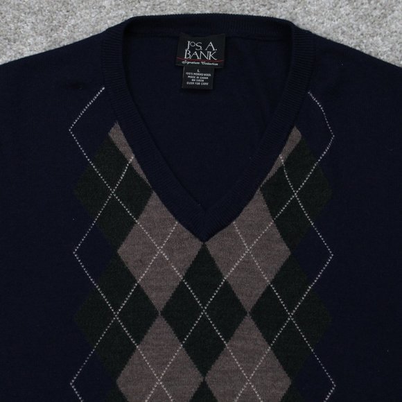 Jos A Bank Signature Series Sweater Vest Men Large Blue/Tan Argyle Merino Wool - Picture 4 of 10